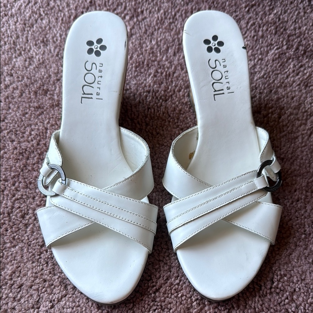 Natural Soul by Naturalizer White Mules with Silver Buckle